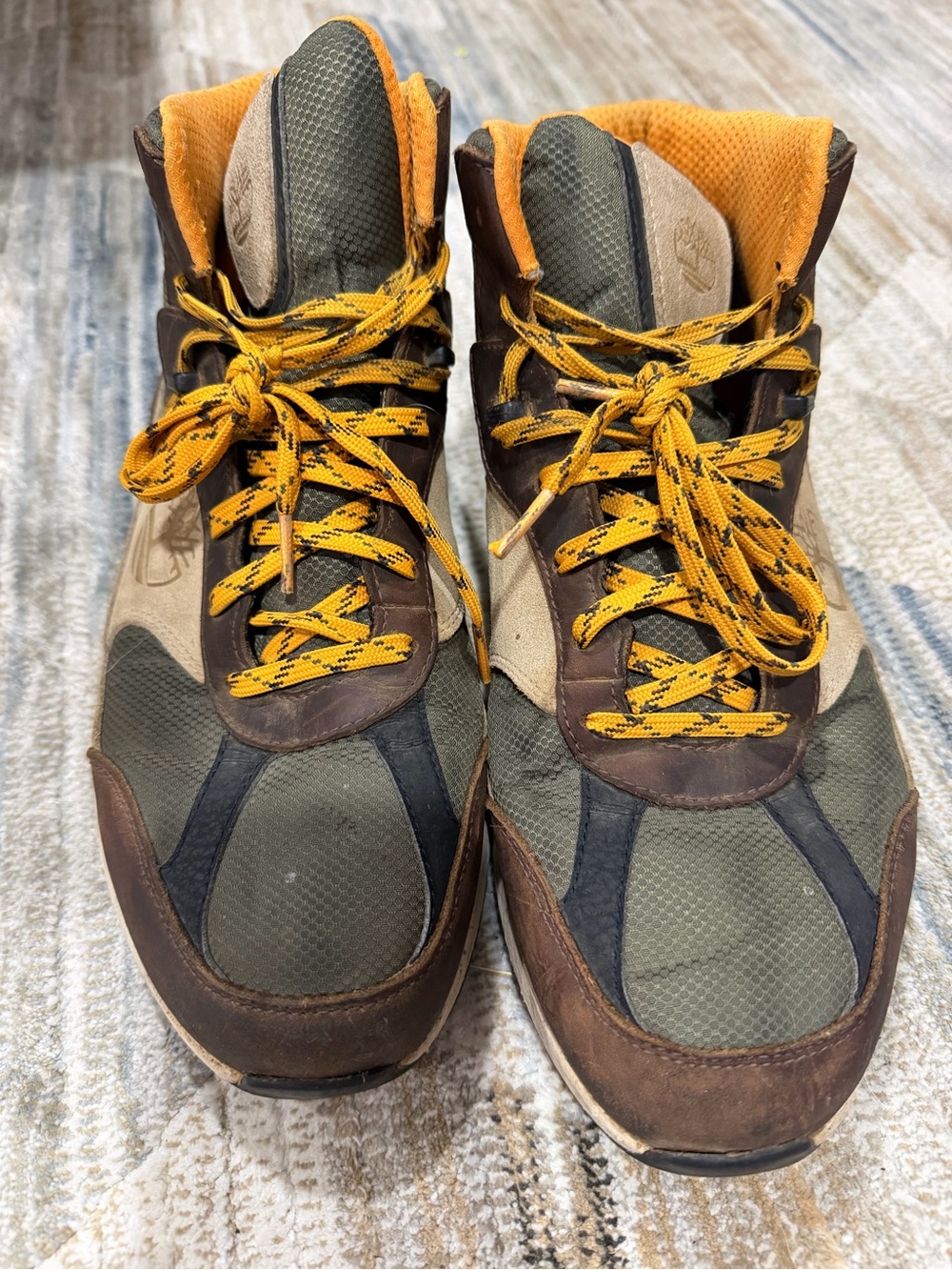 Timberland Olive Green and Brown Hiking Boots with Yellow Laces